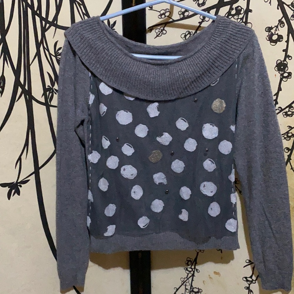 Women’s Ash Gray Cashmere/Wool Blend Sweater W/Organza Polka Dot
